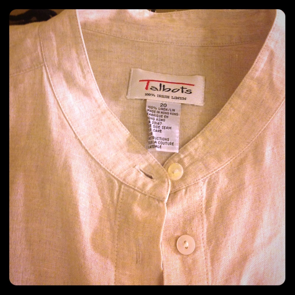 Talbots no collar beige linen shirt
